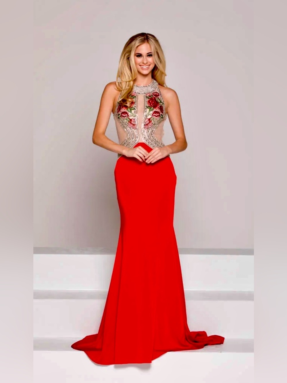 Colors Dress Style #1810 Red Embroidered Rose Formal Gown.